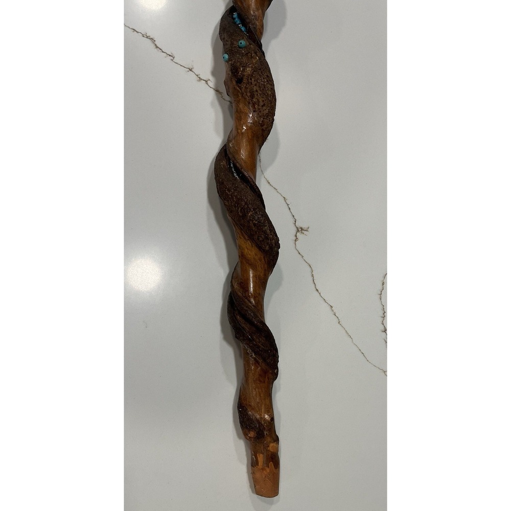 Hand Carved Wooden Walking Stick Spiral Cane with Turquoise Silver Inlay 51" - Picture 4 of 13